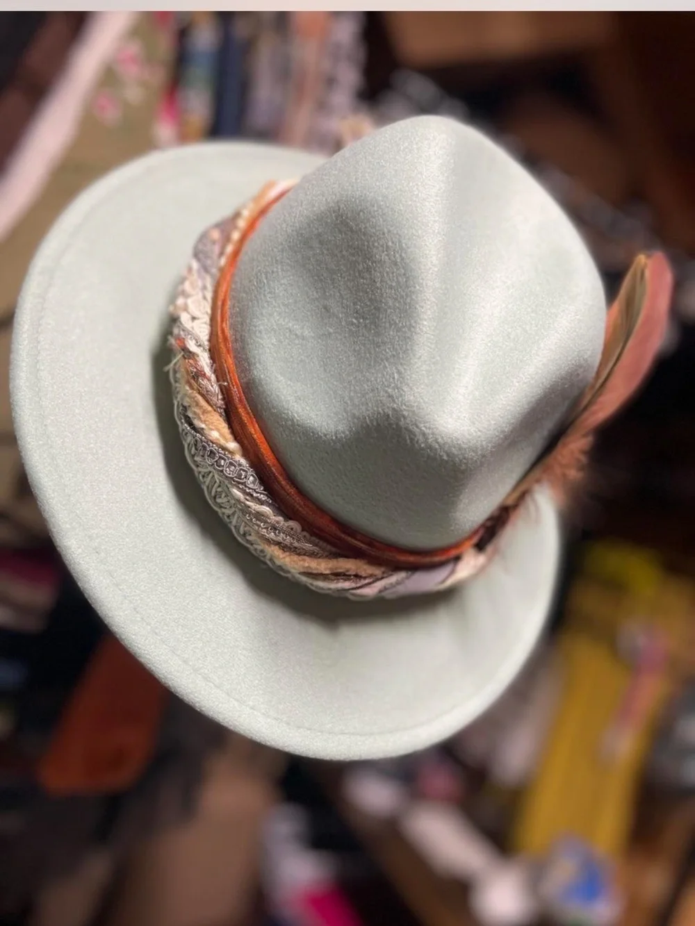 Forever 21 Mint Fedora with Orange Feather Accents